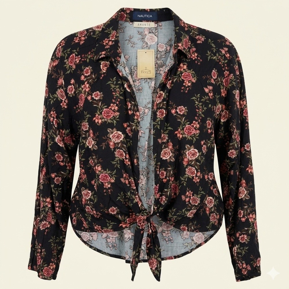Amante Dark Floral Tie Front Long Sleeve Rayon Top Black Pink 1XL Cottage Layer